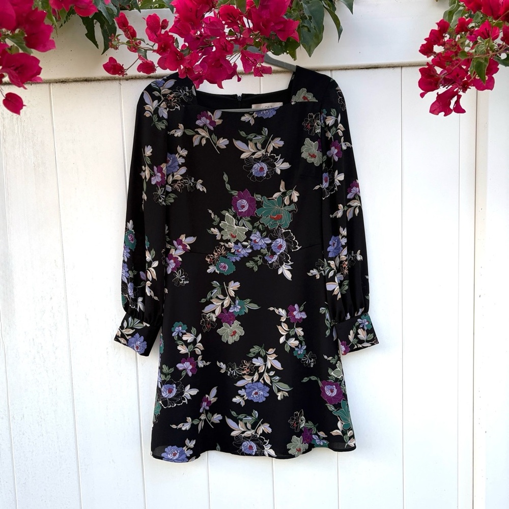 LOFT Black Floral Long Sleeve Dress